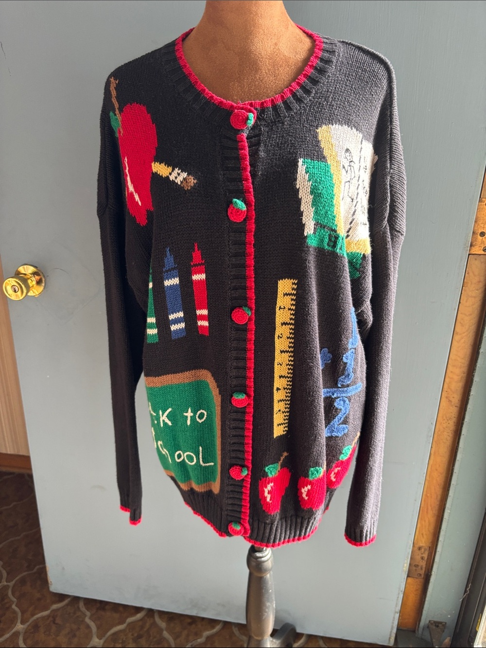 Vintage 80s 90s 'Back to School' Knit Cardigan with Colorful School Motifs